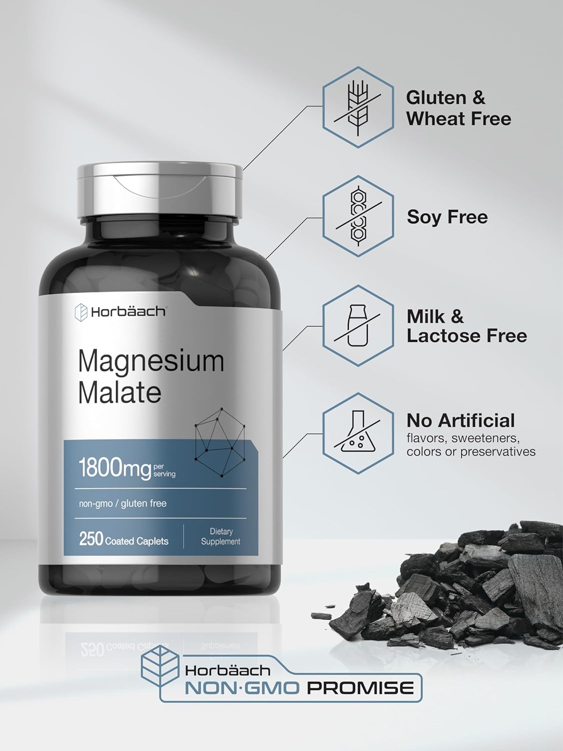 Horbäach Magnesium Malate 1800mg | 250 Coated Caplets | Vegetarian, Non-GMO, Gluten Free Supplement : Health & Household