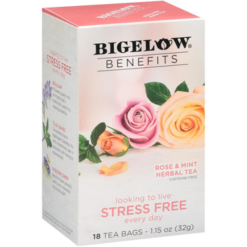 Bigelow Benefits Stress Free Rose & Mint Herbal Tea, Caffeine Free, 18 Count (Pack Of 6), 108 Total Tea Bags