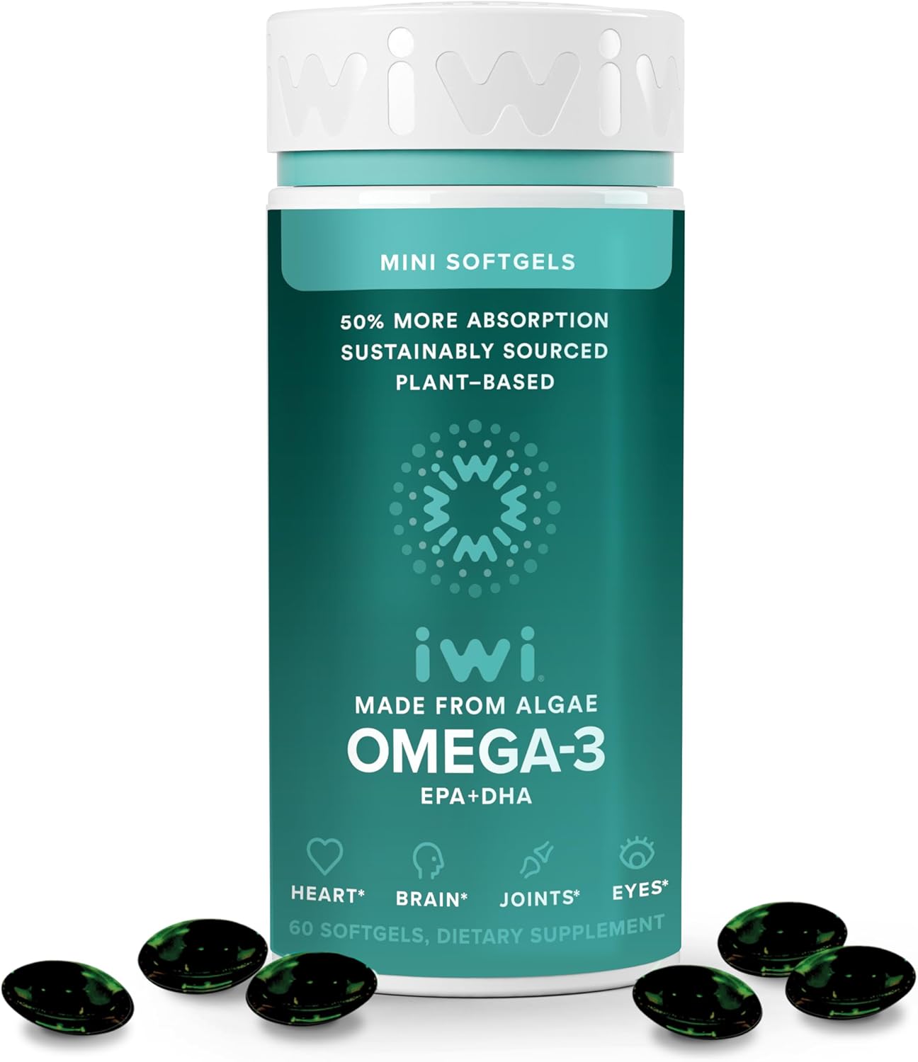 Iwi Omega-3, 60 Mini Softgels (30 Servings), Easy To Swallow, Plant-Based Algae Omega 3 With Epa + Dha, Whole-Body Support Dietary Supplement, Krill & Fish Oil Alternative, No Fishy Aftertaste