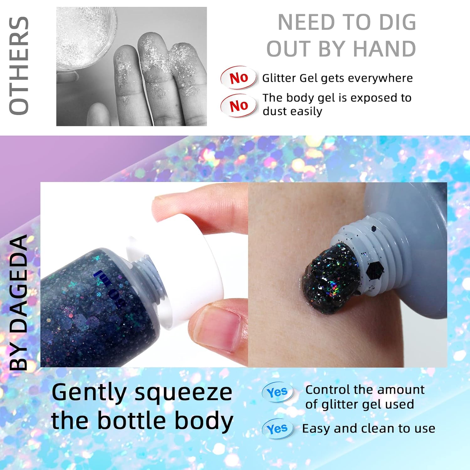 Dageda Body Glitter Gel, Face Glitters Body Gel Sequins Shimmer Liquid Eyeshadow, Chunky Glitter For Face Hair Nails, Holographic Cosmetic Laser Powder Festival Glitter Makeup 1.7Oz (Black) : Beauty & Personal Care