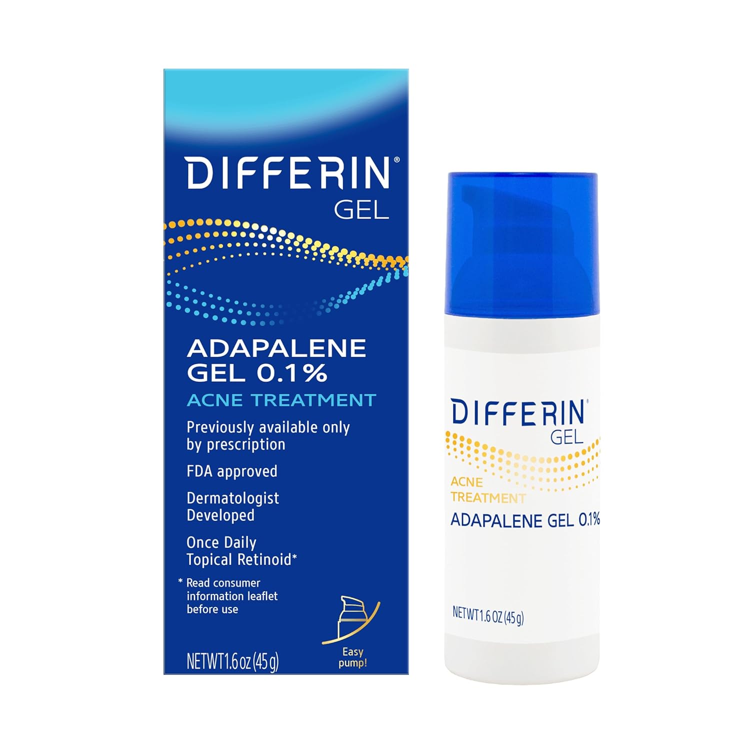 Differin Acne Treatment Gel, 90 Day Supply, Retinoid Treatment For Face With 0.1% Adapalene, Gentle Skin Care For Acne Prone Sensitive Skin, 45G Pump (Packaging May Vary)