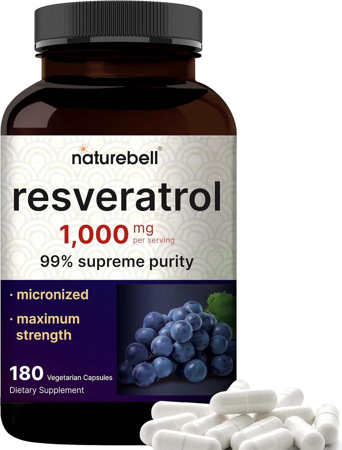 Naturebell Resveratrol Supplement 1000Mg Per Serving, 180 Veggie Capsules, 99% Pure Trans-Resveratrol, Antioxidant For Healthy Aging, Brain & Heart Support – Non-Gmo
