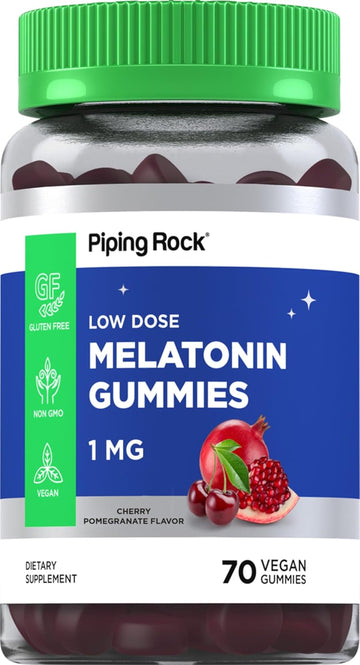 Piping Rock Melatonin Gummies 1mg | 60 Count | Low Dose | Adult Supplement | Cherry Pomegranate Flavor | Vegan Formula | Non-GMO, Gluten Free