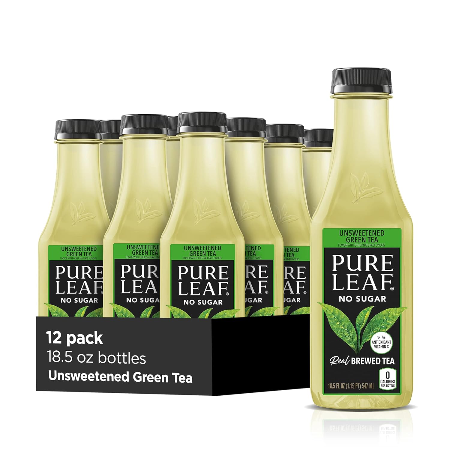 Pure Leaf Iced Tea, Unsweetened Green Tea, 18.5 Fl Oz Bottles (Pack Of 12)