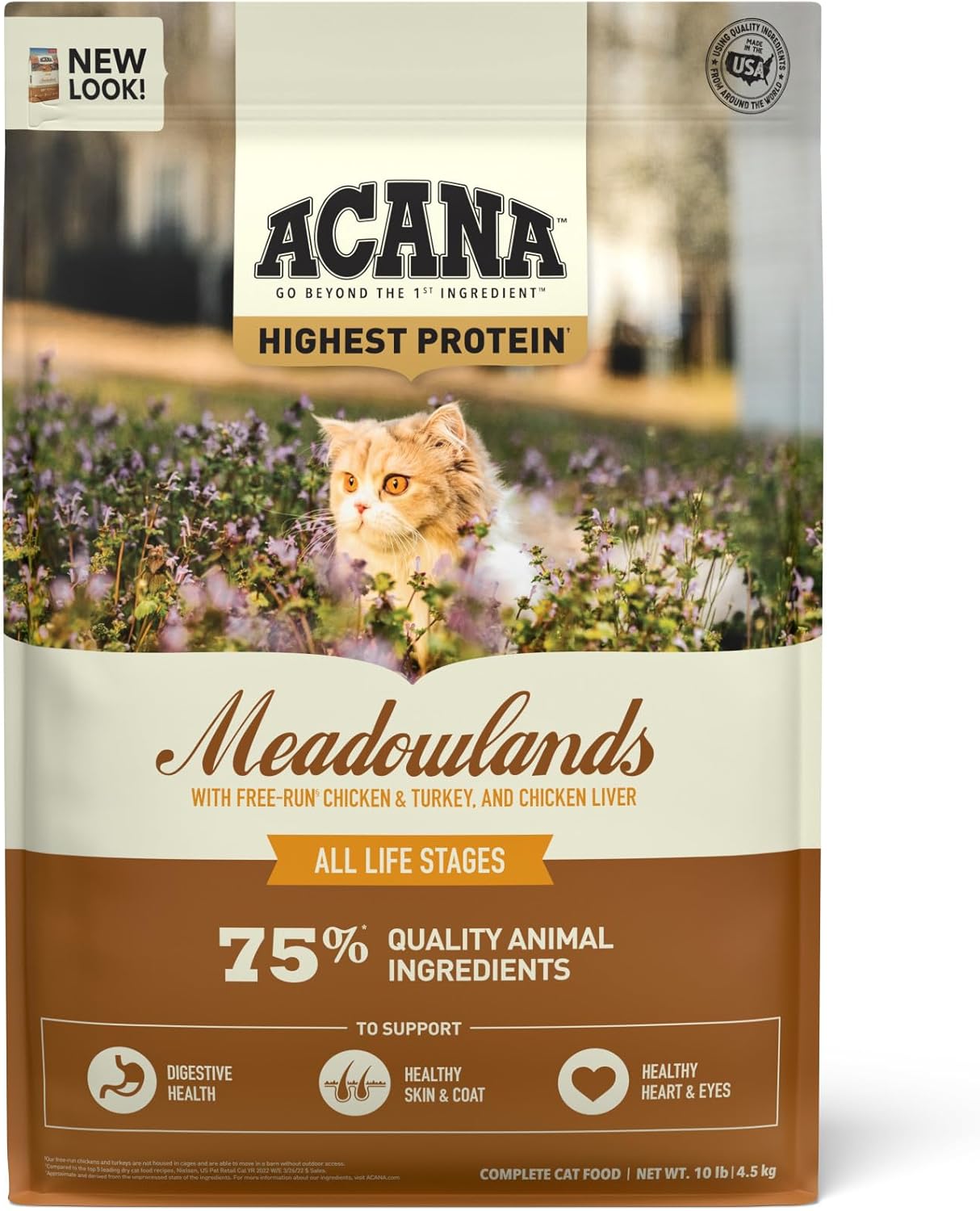 Acana Highest Protein Meadowlands Grain-Free Dry Cat Food, Free-Run Chicken And Turkey And Chicken Liver Cat Food Recipe, 10Lb