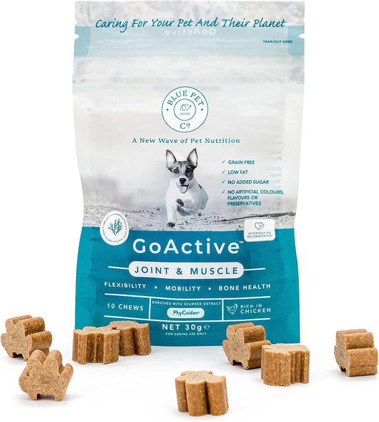 Blue Pet Co - Goactive Joint & Muscle Supplement For Dogs - Promotes Flexibility, Mobility & Bone Health - Enriched With Seaweed Extract Phycoidan - With Peanut Butter - 10 Chews