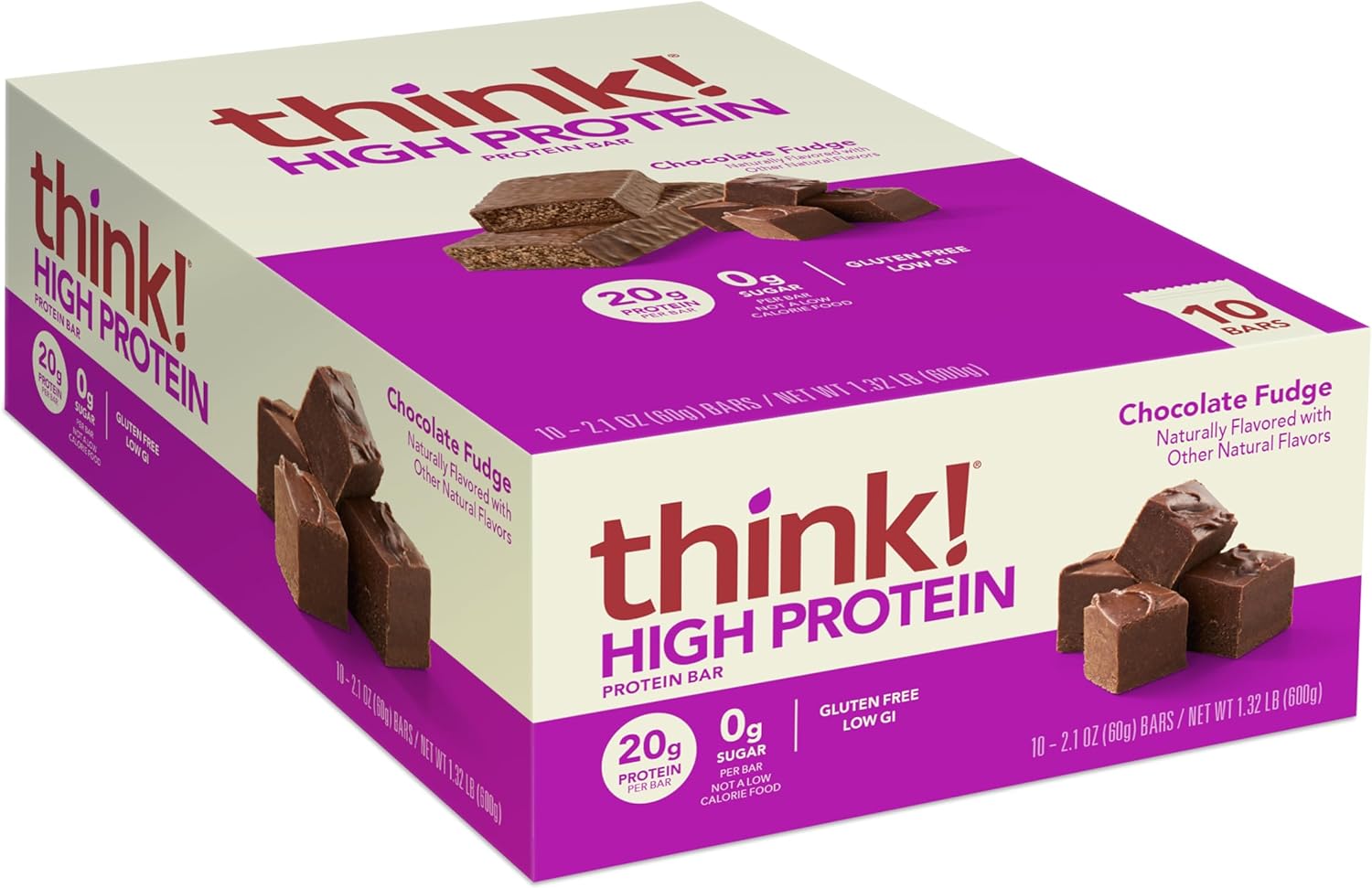 Think! Protein Bars, High Protein Snacks, Gluten Free, Kosher Friendly, Chocolate Fudge, Nutrition Bars, 2.1 Oz Per Bar, 10 Count (Packaging May Vary)