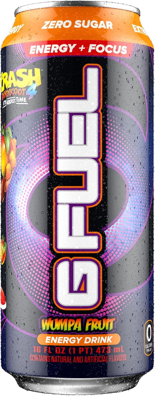 G Fuel Crash Bandicoot Energy Drink, Sugar Free, Healthy Drinks, Zero Calorie, 300 Mg Caffeine Per Carbonated Can, Wumpa Fruit Flavor, Focus Amino, Vitamin + Antioxidants Blend - 12 Pack