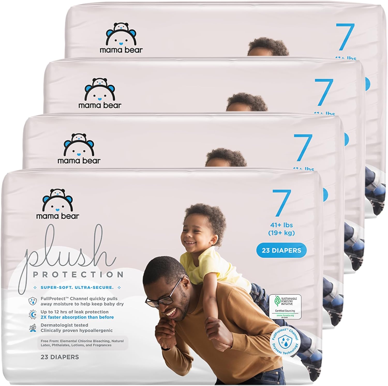 Amazon Brand - Mama Bear Plush Protection Diapers - Size 7, One Month Supply, Hypoallergenic Premium Disposable Baby Diapers, 92 Count (Pack Of 4), White And Cloud Dreams