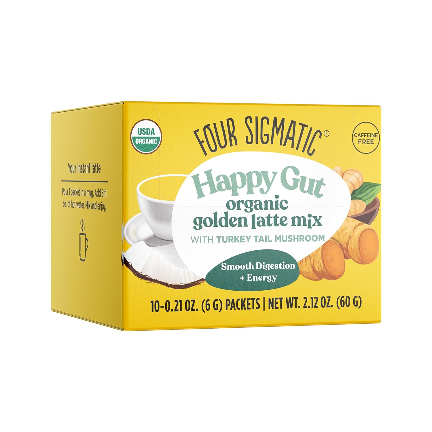 Golden Latte by Four Sigmatic | Organic Instant Golden Latte with Turkey Tail, Turmeric & Coconut Milk Powder | Supports Healthy Skin & Stress | Decaf & No Dairy | 10 Count