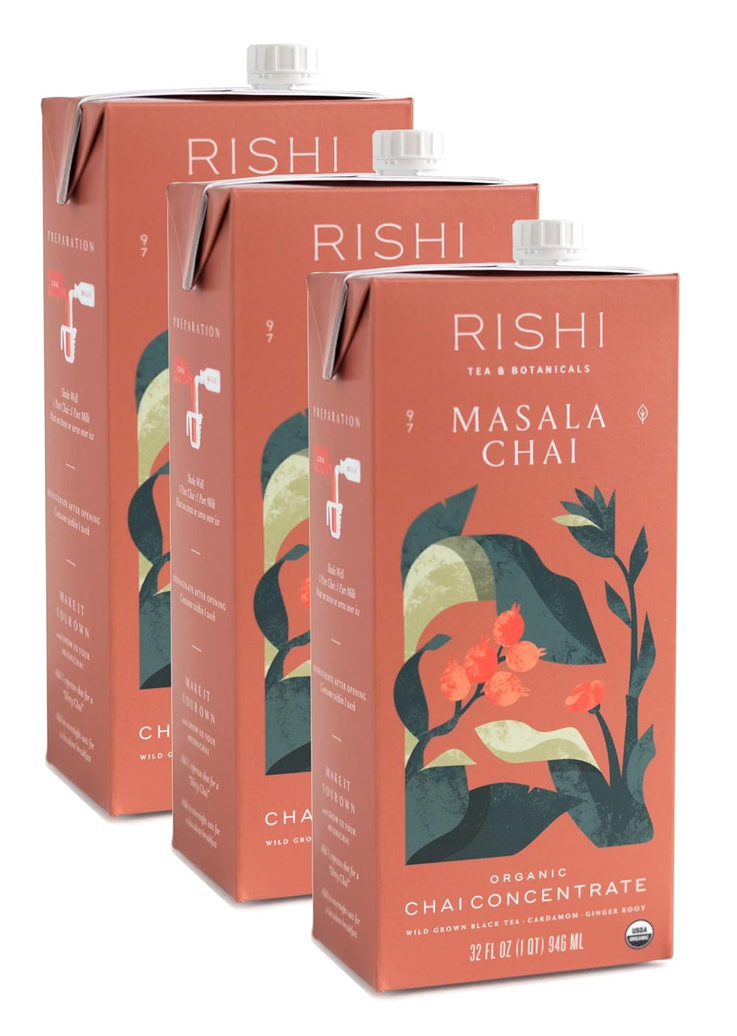 Rishi Tea Masala Chai Concentrate Beverage - Immune Support, Usda Certified Organic, Black Tea, Antioxidants, Energy-Boosting - 32 Fl Oz Carton, 8 Servings (Pack Of 3)