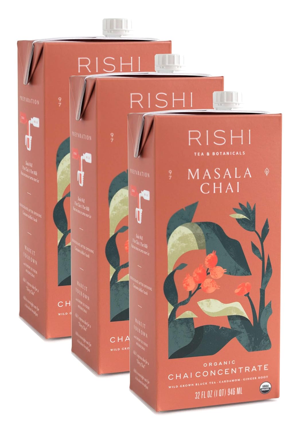 Rishi Tea Masala Chai Latte - Organic Black Tea Concentrate, Easy-To-Serve Hot Or Iced Chai Mix - 32 Fl Oz Carton, 8 Servings (Pack Of 3)