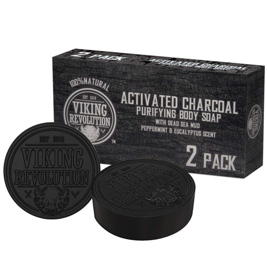 Viking Revolution Skin Cleaning Agent Activated Charcoal Soap For Men W/Dead Sea Mud, Body And Face, Cleanser,Cleansing Blackheads - Peppermint & Eucalyptus Scent 0.7 Fl Oz (Pack Of 2)