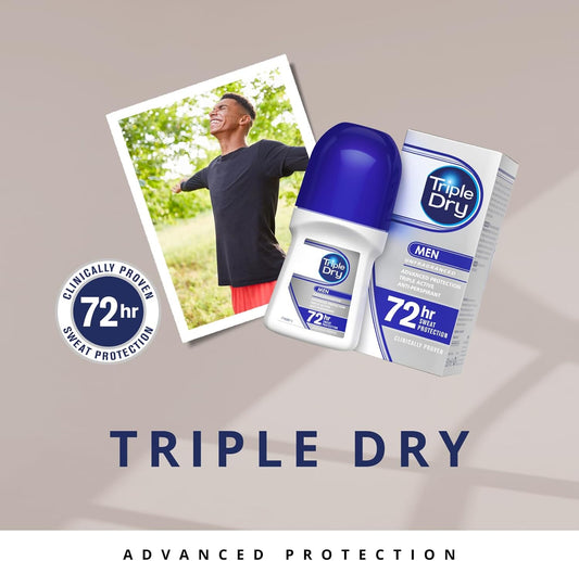 Triple Dry Men | Anti-Perspirant Roll On 50Ml | 72-Hour Protection Against Excessive Sweating | Fights Odour | Triple Active Formula | Fragrance-Free | Clinically Proven | Male