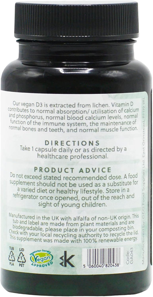 Vegan Vitamin D3 Capsules | 1000Iu Of Vitamin D3 Per Capsule | Plant-Based D3 From Natural Lichen | 120 Capsules | G&G Vitamins