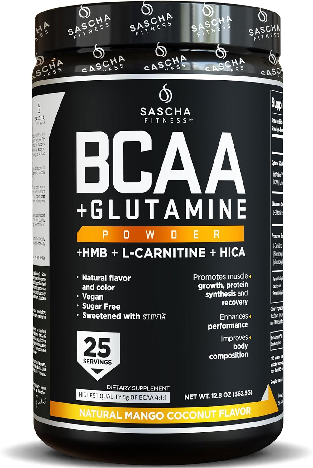 Sascha Fitness BCAA 4:1:1+Glutamine, HMB, L-Carnitine, HICA|Powerful and Instant Powder Blend with Branched Chain Amino Acids(BCAAs)for Pre, Intra and Post-Workout,Natural Mango Coconut Flavor,362.5g