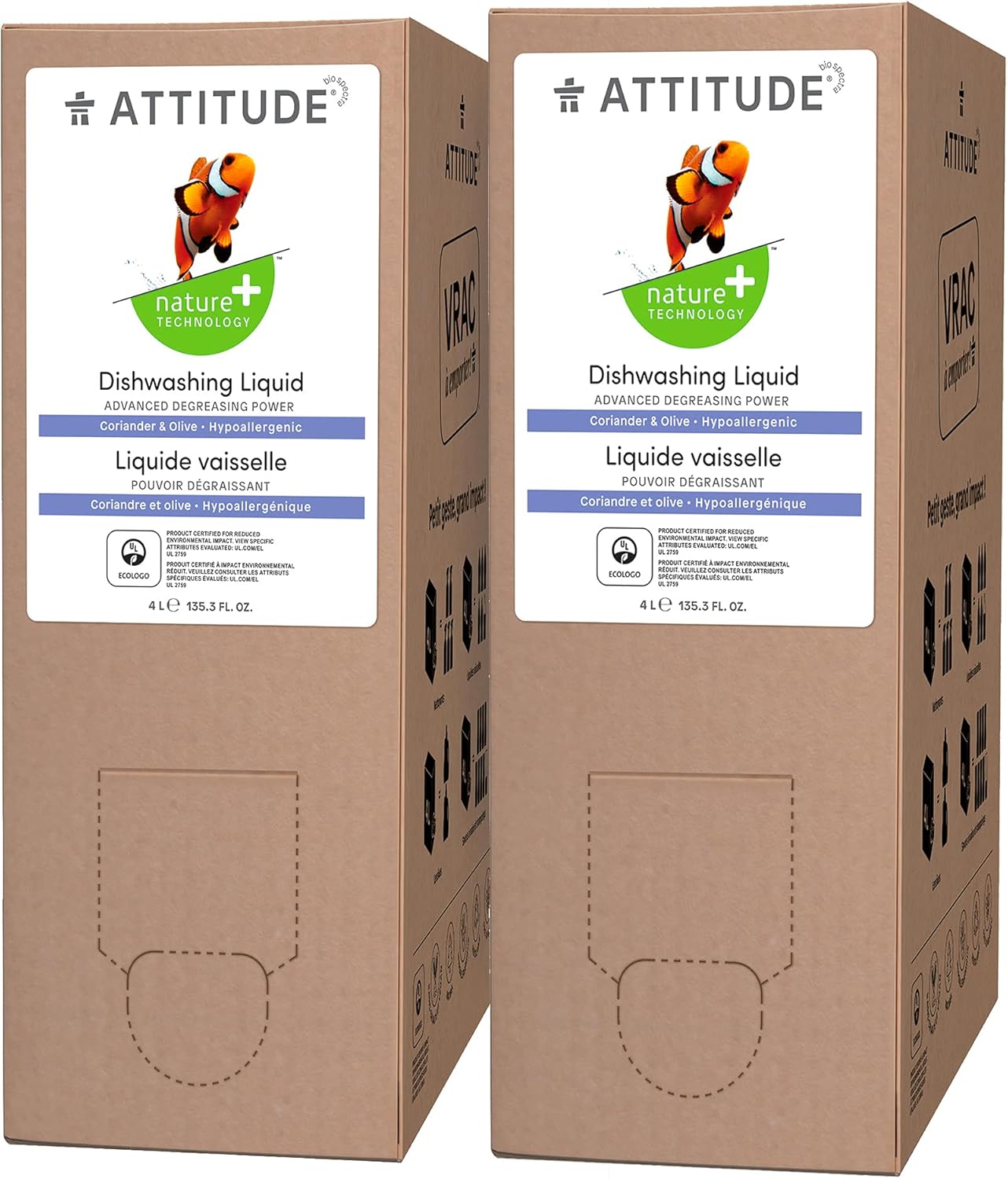 Attitude Dishwashing Liquid, Ewg Verified, Vegan Dish Soap, Plant Based, Naturally Derived Products, Olive And Coriander, Bulk Refill, 135.3 Fl Oz (Pack Of 2)