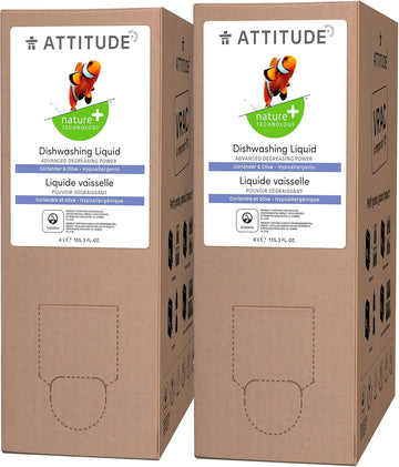 Attitude Dishwashing Liquid, Ewg Verified, Vegan Dish Soap, Plant Based, Naturally Derived Products, Olive And Coriander, Bulk Refill, 135.3 Fl Oz (Pack Of 2)