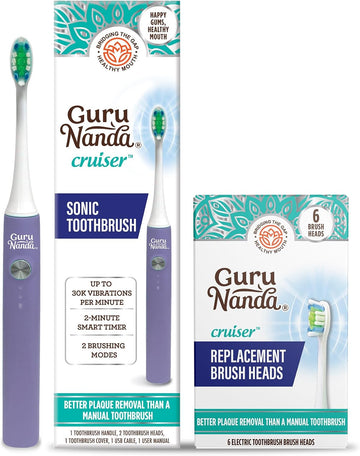 Gurunanda Cruiser Sonic Toothbrush With 8 Brush Heads, 1 Brush Cap, 1 Usb Cable - 2 Modes, 2-Minute Timer & More Than 30,000 Vibrations, Lavender