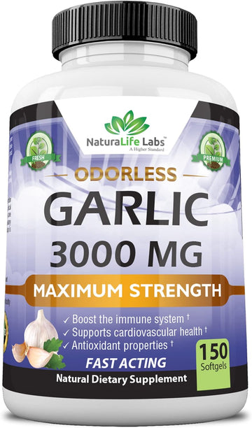 Odorless Pure Garlic 3000 mg per Serving Maximum Strength 150 Soft gels Promotes Healthy Cholesterol Levels Immune System Support