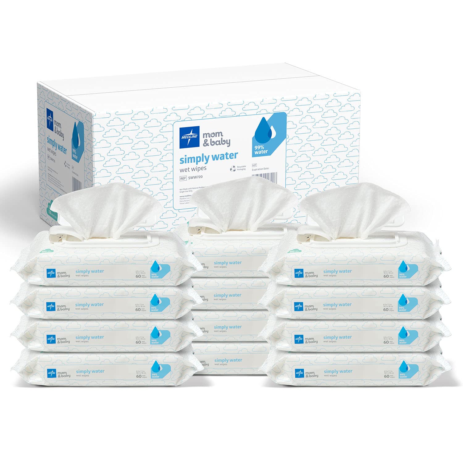 Medline Simply Water Baby Wipes, 99% Water Solution Wipes, 100% Plant-Based Bamboo Fiber Cloth, 60 Count (Pack Of 12)