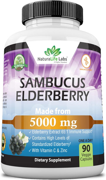 Naturalife Labs Sambucus Elderberry 5,000 Mg Super Concentrated 65:1 With Vitamin C & Zinc - 90 Day Supply - Sambucus Extract Immune Support, Immune Defense| Non-Gmo | 90 Veggie Capsules