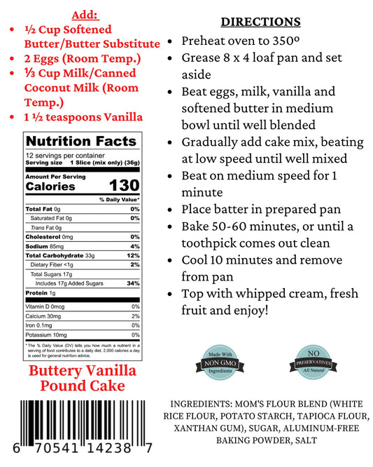 Gluten Free Buttery Vanilla Pound Cake Mix