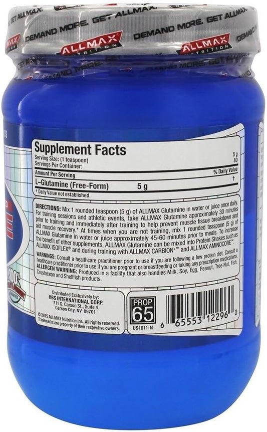 Allmax Essentials Glutamine - 400 G Powder - Fermentation-Derived Glutamine - Increases Recovery & Supports Immune System - Gluten Free & Vegan - 80 Servings