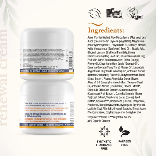 Beauty Without Cruelty Vitamin C Renewal Cream With Coq10 – Premium Aromatherapy Face Cream, Vegan-Friendly & Cruelty-Free, 2 Oz
