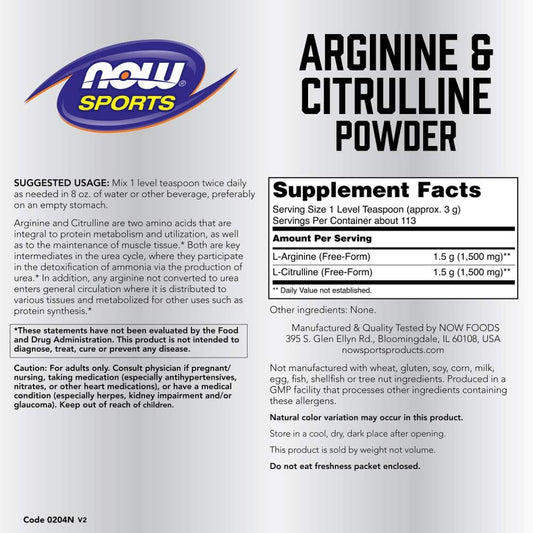 Now Foods Sports Nutrition, Arginine & Citrulline Powder, 1:1 Ratio, Amino Acid, 12-Ounce