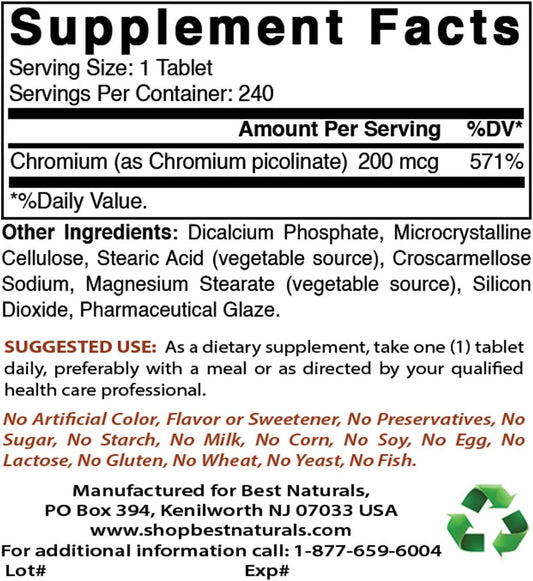 Best Naturals Chromium Picolinate Tablet, 200 mcg, 240 Count