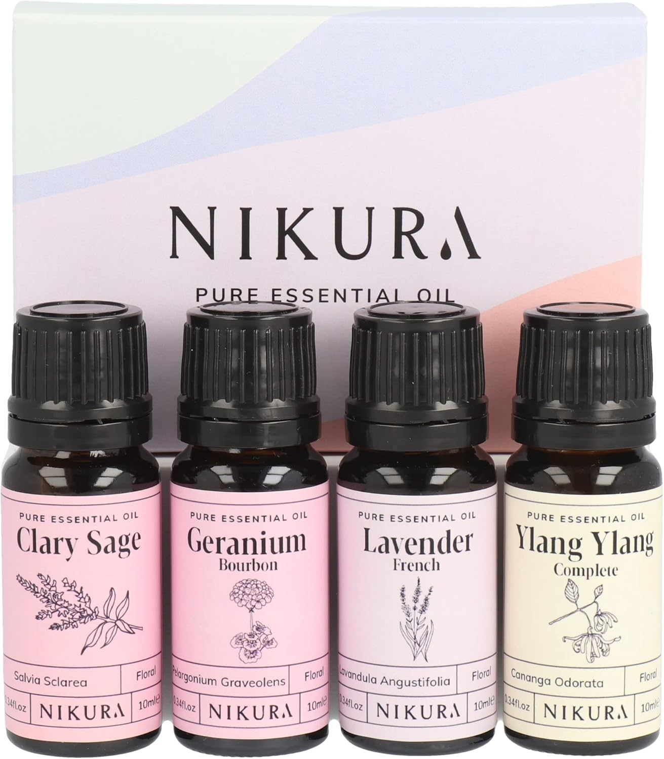 Nikura Floral Essential Oil Gift Set - 4 X 10Ml | Perfect For Gifts, Aromatherapy, Diffusers For Home | 100% Pure And Natural Oils | Including Clary Sage, Geranium, Lavender & Ylang Ylang