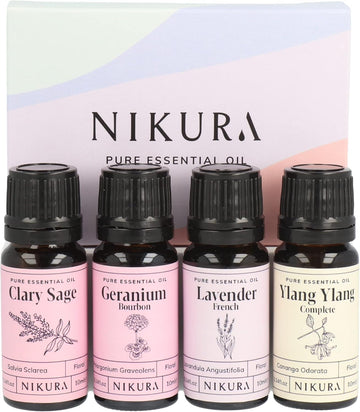 Nikura Floral Essential Oil Gift Set - 4 x 10ml | Perfect for Gifts, Aromatherapy, Diffusers for Home | 100% Pure and Natural Oils | Including Clary Sage, Geranium, Lavender & Ylang Ylang