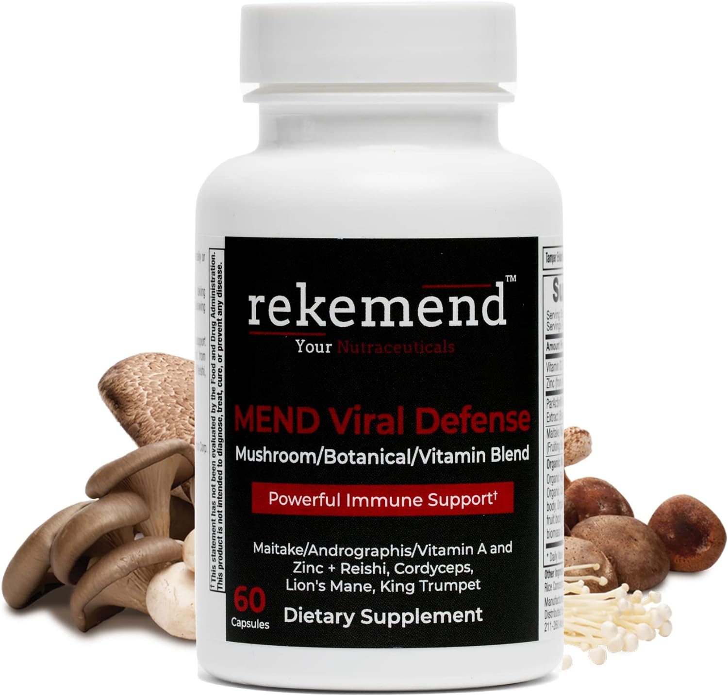 rekemend Mushroom Supplement for Immune Support - Contains Lions Mane, Cordyceps & Reishi Mushroom Extracts - 60 Capsules