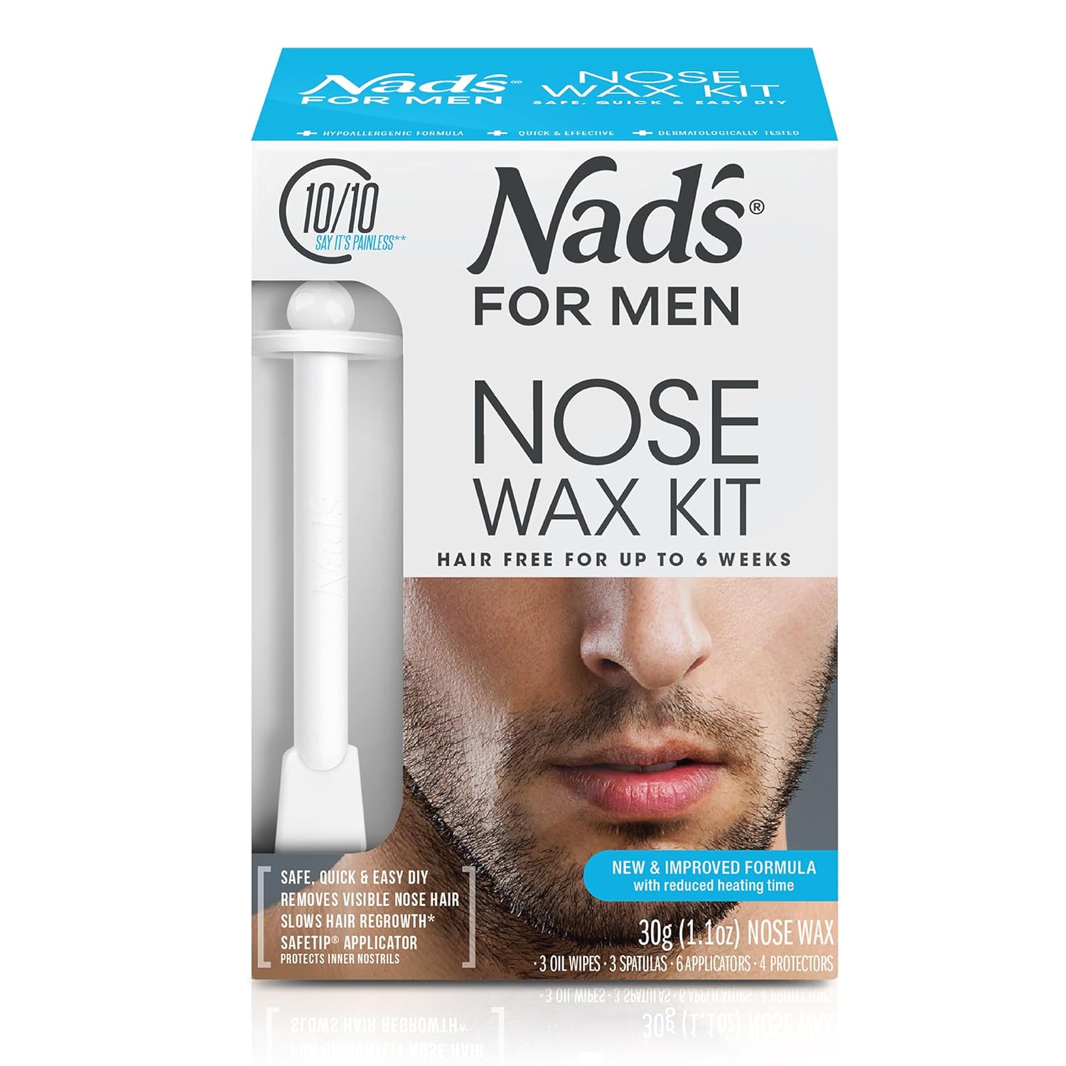 Nad's For Men Nose Waxing Kit, Nose Hair Removal, Nose Wax, Wax Kit Includes 30g Hard Wax, 4 Moustache Protectors, 6 Applicators, 3 Spatulas, 3 Post Wax Wipes