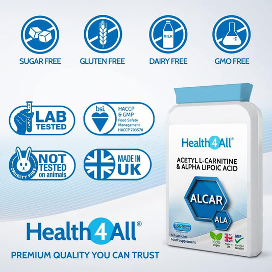 Health4All Acetyl L-Carnitine 250Mg & Alpha Lipoic Acid 200Mg 60 Capsules, Vegan Alcar & Ala Supplement For Brain Health, Memory, Focus And Mental Clarity | Made In Uk
