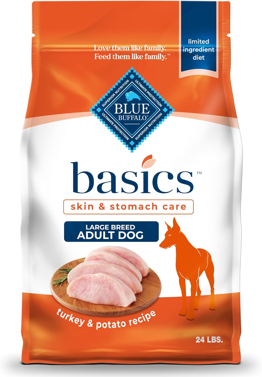 Blue Buffalo Basics Grain-Free Large Breed Adult Dry Dog Food, Skin & Stomach Care, Limited Ingredient Diet For Dogs, Turkey Recipe, 24-Lb. Bag