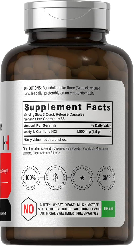 Horbach Acetyl L-Carnitine 1500mg | 200 Capsules | Extra Strength ALCAR Supplement | Non-GMO, Gluten Free