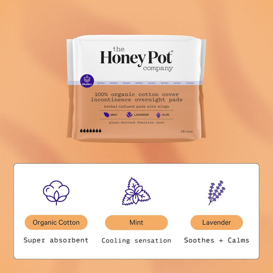 The Honey Pot Company - Herbal Pads For Women - Organic Incontinence Overnight Pads W/Wings - Infused W/Essential Oils For Cooling Effect - Postpartum Essentials. Feminine Care - Fsa & Hsa - 16 Ct