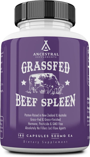 Ancestral Supplements Grass Fed Beef Spleen Supplement, 3000Mg Beef Organ Spleen Support Formula Promotes Digestive, Immune, Iron, Energy And Allergy Health, Non Gmo, 180 Capsules