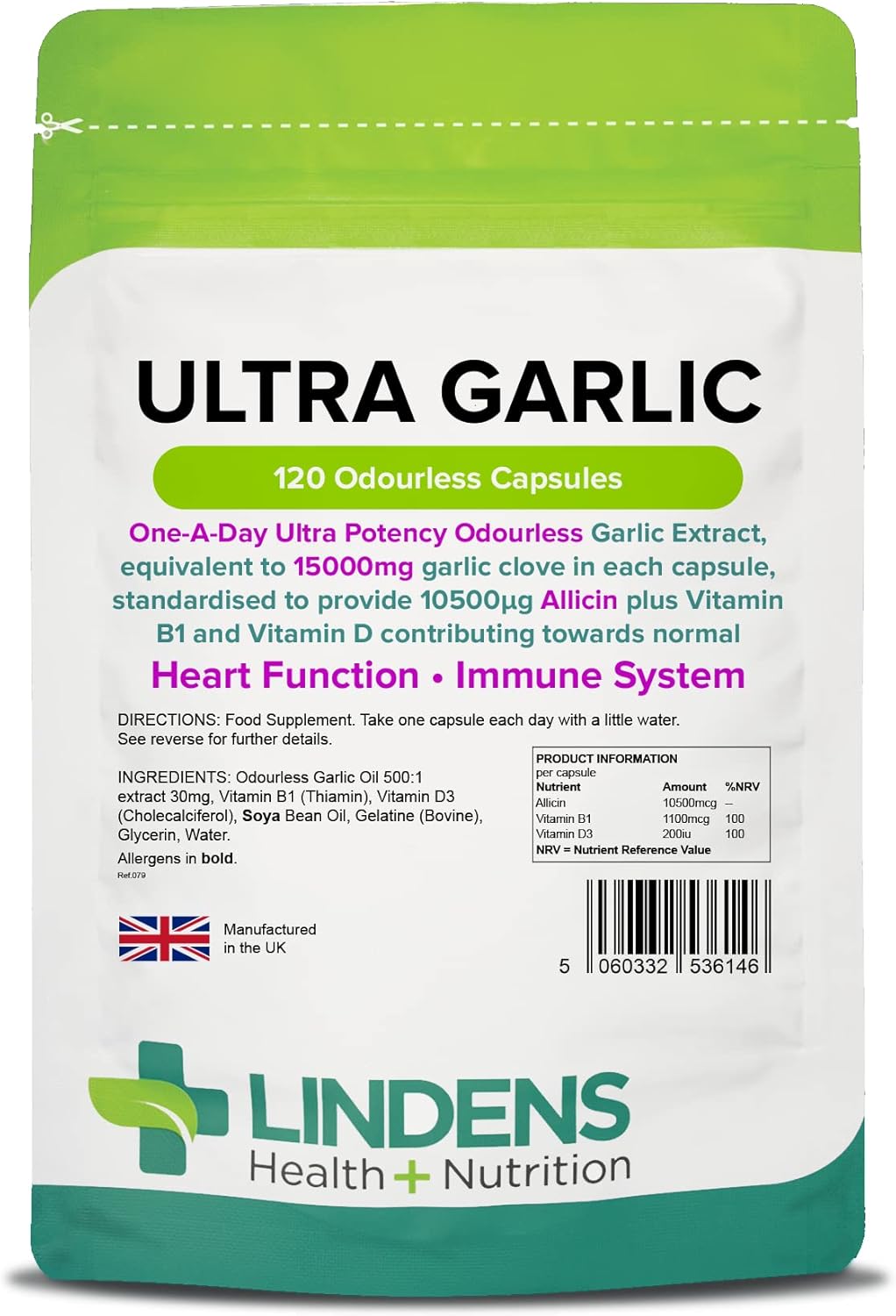 Lindens Ultra Garlic Odourless Capsules - 120 Pack - Vitamin B1 And D3 For Normal Muscle Function, Heart And Immune Health - 15000Mg Garlic (10500Mcg Allicin) - Uk Manufacturer, Letterbox Friendly