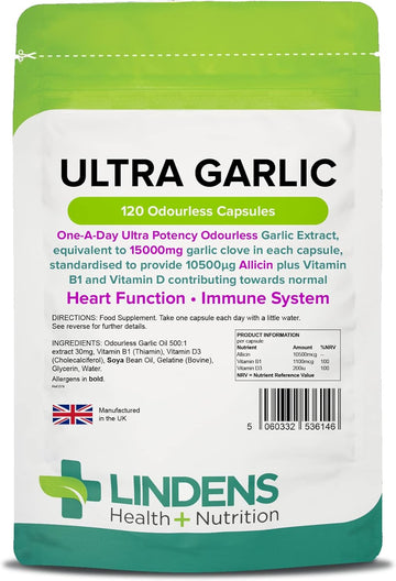 Lindens Ultra Garlic Odourless Capsules - 120 Pack - Vitamin B1 And D3 For Normal Muscle Function, Heart And Immune Health - 15000Mg Garlic (10500Mcg Allicin) - Uk Manufacturer, Letterbox Friendly