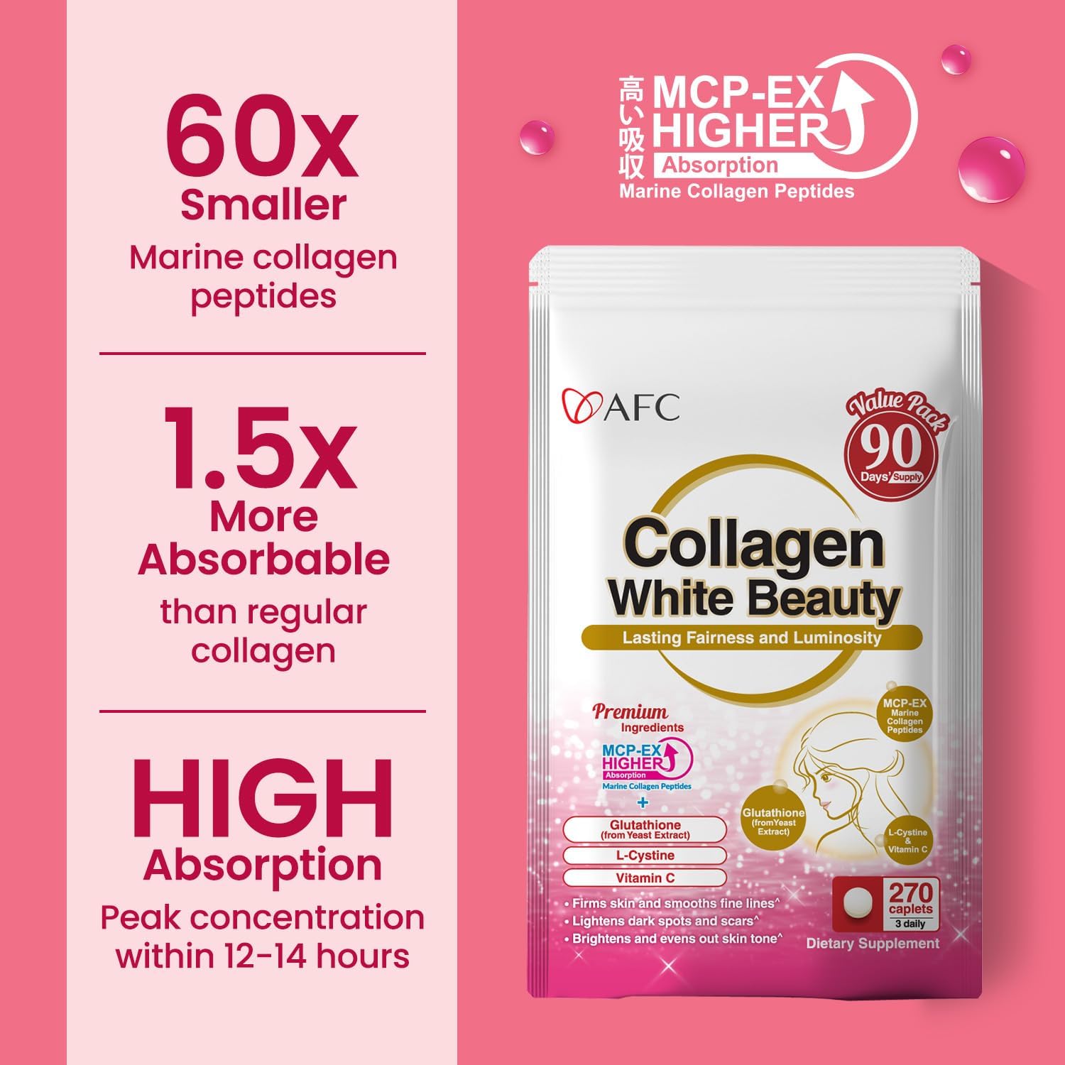 Afc Japan Collagen White Beauty With Marine Collagen Peptide, Glutathione, L-Cystine - 1.5X Better Absorption Than Other Collagen – Supports Skin Firmness & Radiance– 90 Days Supply
