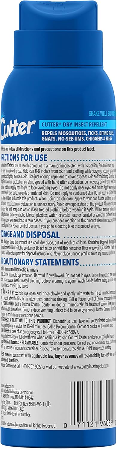 Cutter Dry Insect Repellent, Aerosol, 4-Ounce, 12-Count, Clear