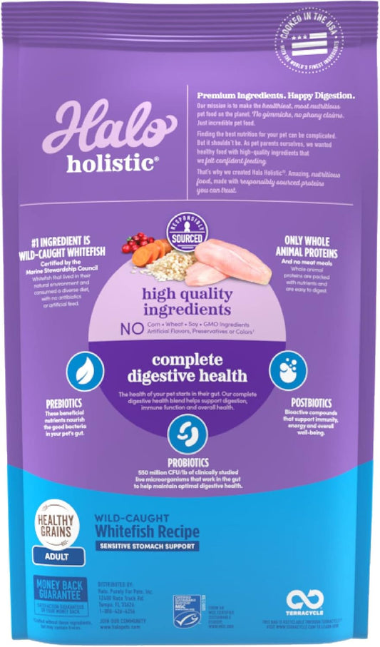 Halo Holistic Cat Food Dry, Wild-Caught Whitefish Recipe For Sensitive Stomach Support, Complete Digestive Health, Dry Cat Food Bag, Sensitive Stomach Formula, 10-Lb Bag