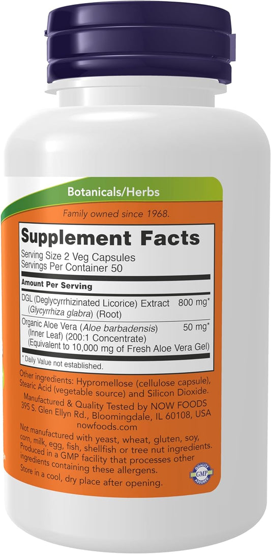 Now Foods Supplements, Dgl With Aloe Vera (Deglycyrrhizinated Licorice) Dietary Supplement, 100 Veg Capsules
