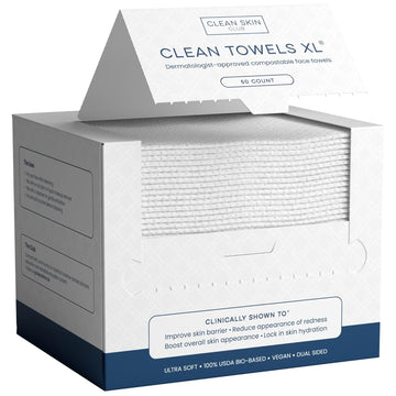 Clean Skin Club Clean Towels Xl™?, 100% Usda Biobased Face Towel, Disposable Face Towelette, Eczema Association Accepted, Makeup Remover Dry Wipes, Ultra Soft, 150 Ct, 3 Pack
