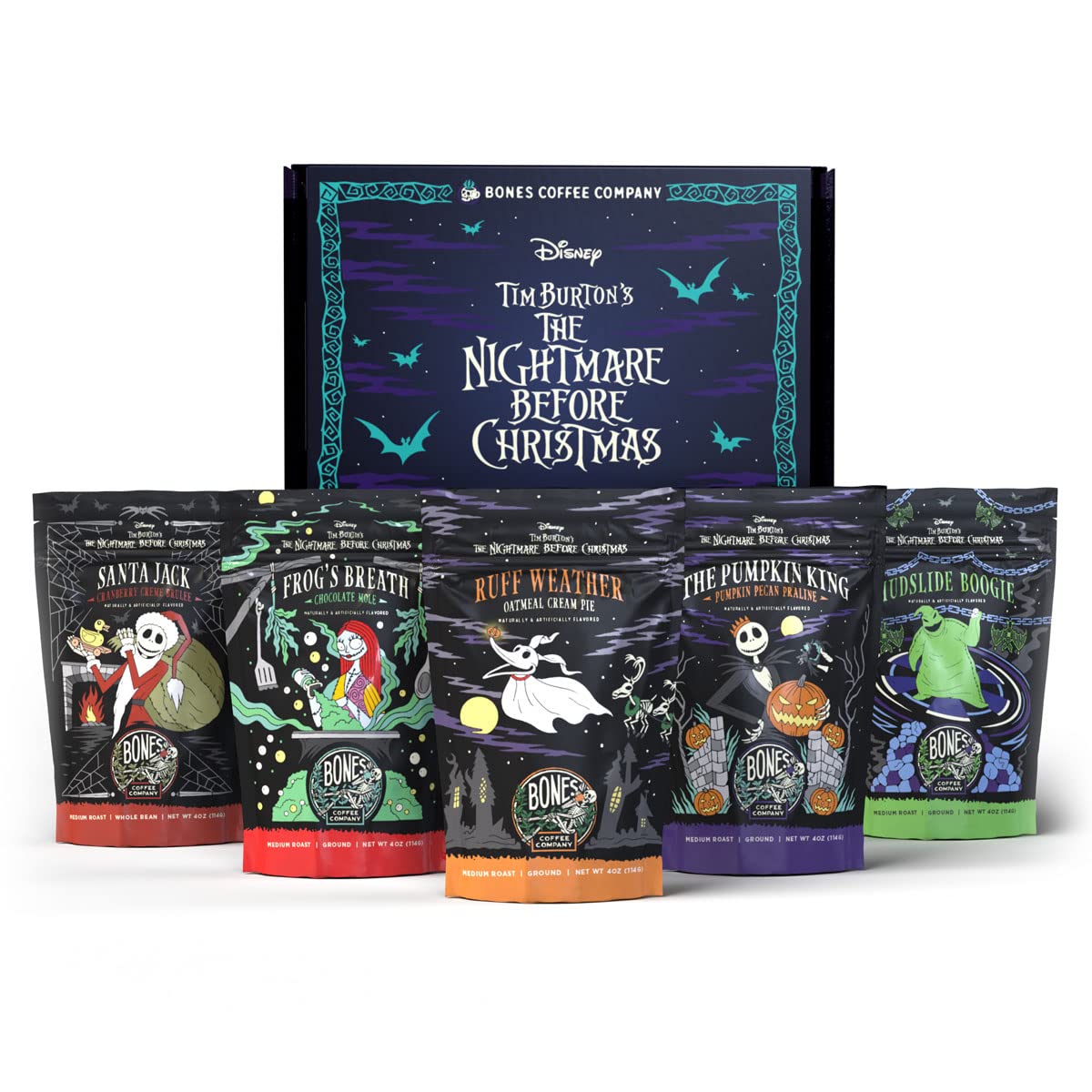 Bones Coffee Company Disney Tim Burton's The Nightmare Before Christmas Collector's Box Whole Coffee Beans | 4 oz Sample Pack of 5 Low Acid Medium Roast Gourmet Flavored Coffee Gifts (Whole Bean)