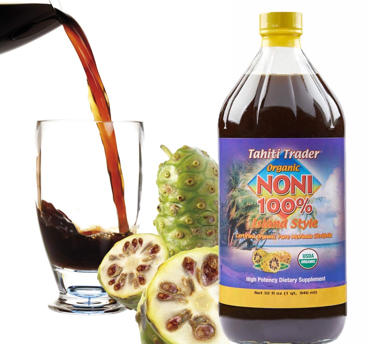 Tahiti Trader Island Style High Potency Noni Juice - Pure Noni Fruit Juice Fermented to Vinegar - Organic Antioxidant Superfood Juice Supporting Energy & Body Health - (32oz, 1 Pack)