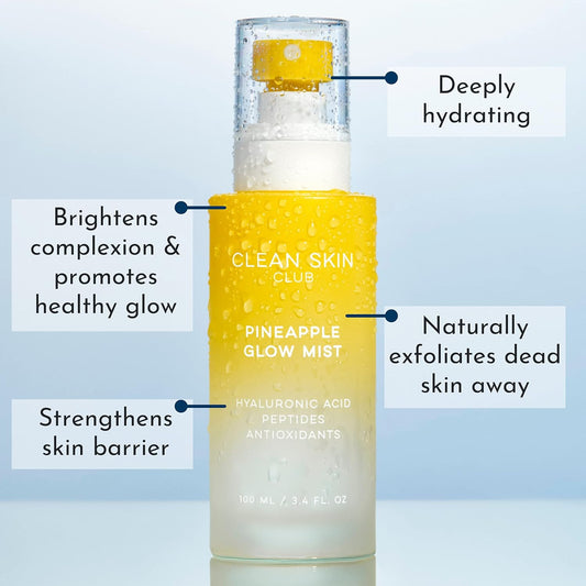 Clean Skin Club Pineapple Glow Mist | Hyaluronic Acid + Peptides | Papaya + Coconut Extracts | Hydrating & Fortifying Face Spray | Vegan & Cruelty Free